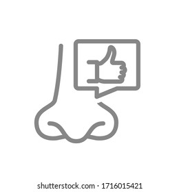 Nose with thumb up in speech bubble line icon. Healthy olfactory organ symbol