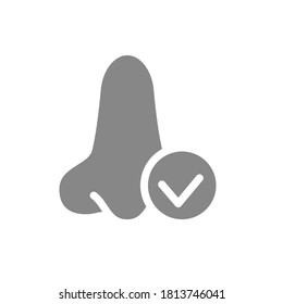 Nose with tick checkmark grey icon. Healthy organ symbol