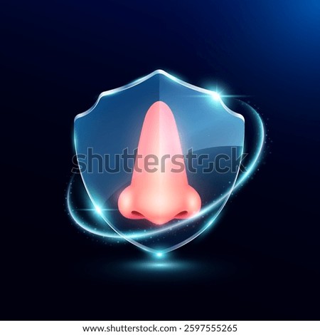 Nose in translucent glass shield modern. Surrounded by glowing ring safety guardian. Human anatomy organ on blue background. Medical health care immunity and protection concept. Vector EPS10.