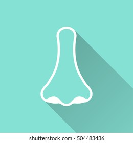 Nose vector icon with long shadow. White illustration isolated on green background for graphic and web design.