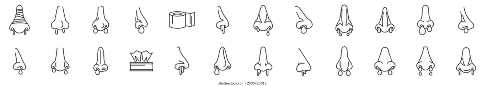Nasenbluten-Symbole setzen Umrissvektor. In: Woman Health Epistaxis. Nasenbluten im Gesicht