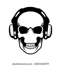 noseless skull with headphones on its head, white background