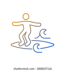 Noseriding surfing technique gradient linear vector icon. Maneuver on head-high waves. Cross-stepping trick. Thin line color symbols. Modern style pictogram. Vector isolated outline drawing