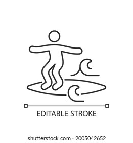Noseriding surfing technique linear icon. Maneuver on head-high waves. Cross-stepping trick. Thin line customizable illustration. Contour symbol. Vector isolated outline drawing. Editable stroke
