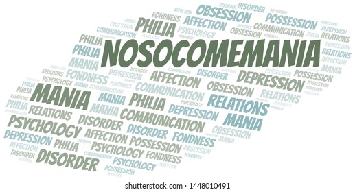 Nosocomemania word cloud. Type of mania, made with text only.