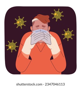 Nosophobia, phobia of illness concept. Sad and fear man in mask and gloves save self from bacteria and virus. Precautions, irrational panic, psychology and mental disorders. Flat vector illustration