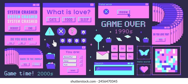 	
Nostalgia for 1990s -2000s. Set in retro style. Old computer aestethic elements. Retro pc user interface in trendy y2k Vector illustration. Isolated background. Flat style