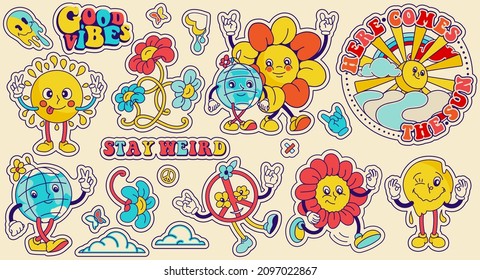 Nostalgia 70's stickers, badges, isolated elements. Groovy characters, emoticons and slogans.