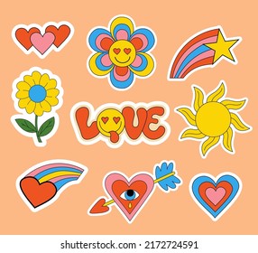 Nostalgia 70s stickers, badges, isolated groovy elements, emoticons and slogan Love in groovy style with in emoji face, flowers, sun and rainbow heart. Vector clipart 60s, 70s, 80s vibes elements