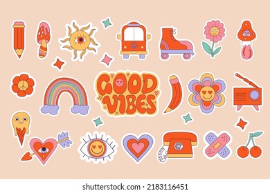 Nostalgia 70s Stickers. Set Of Retro Groovy Elements, Cute Cartoon Positive Symbols, Funky Hippy Stickers And Lettering Of Good Vibes, Bus, Rollers, Rainbow, Funky Mushroos. Vector Psychedelic Clipart