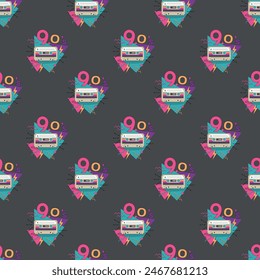 Nostalgia of the 90s. Bright seamless pattern in the style of the 90s with audio cassettes. Vector illustration