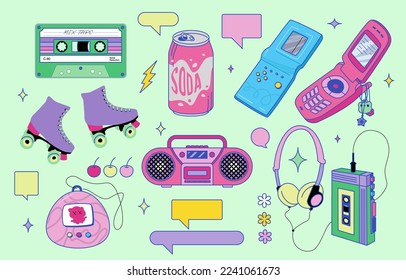 Equipo de nostalgia de los años 90 y conjunto de objetos. Diseño vectorial Y2K. Ilustraciones retro. Trazo editable.