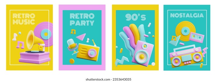 Nostalgia for 90s disco party vector posters set. Retro 3D music listening and recording devices. Realistic boom box, cassette recorder, radio, headphones, microphone. Mixer, vinyl record, gramophone.