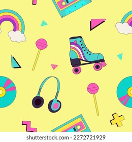 Nostalgia for 90s seamless pattern. Vintage cassette, roller skate, lolipop, disk, headphones elements for fabric, wrapping paper.  Memphis style. Funny print