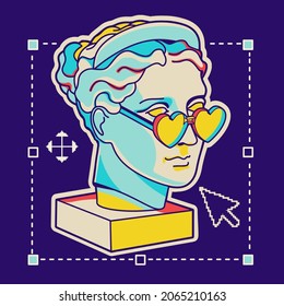 Nostalgia 90's sticker with antique goddess in sunglasses with retro user interface elements. Used as funny print or patch. All elements are isolated and editable.