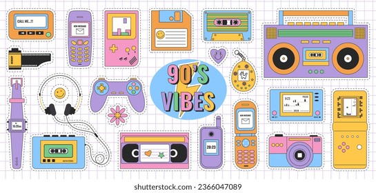 Nostalgia for the 90s. Y2K elements set. Collection of colorful cute stickers in 90s style. Vector illustration on a checkered background. Retro set of icons of 90s. 