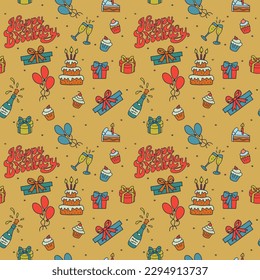 Nostalgia cumpleaños sin fisuras con elementos dibujados a mano para la fiesta. Diseño vectorial único en estilo retro plano. Adecuado para tela, papel pintado, envoltura, fondo, decoración interior, afiche