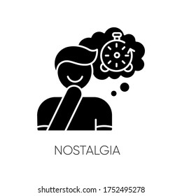 Nostalgia black glyph icon. Positive mood. Man feeling sentimental. Person reflecting on past. Memory trigger. Emotional intelligence. Silhouette symbol on white space. Vector isolated illustration