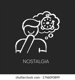 Nostalgia Chalk White Icon On Black Background. Positive Mood. Man Feeling Sentimental. Person Reflecting On Past Times. Memory Trigger. Emotional Intelligence. Isolated Vector Chalkboard Illustration