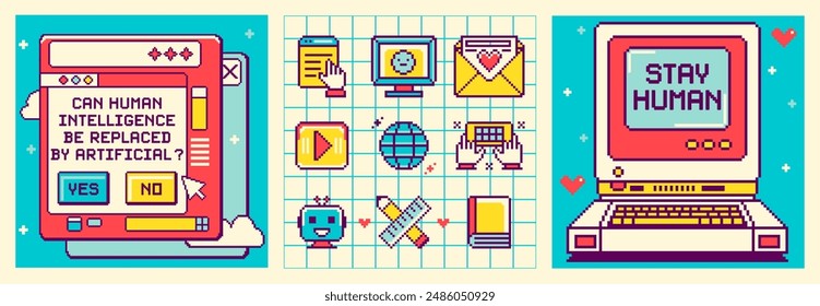 Nostalgia computer screen and window interface as frames for messages. "Artificial vs human intelligence" concept. Fun retro pixel art style desktop icons of chatbot, pc, internet, cursor. Retro UI