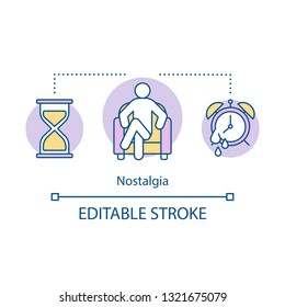 Nostalgia and depression concept icon. Missing home idea thin line illustration. Feeling nostalgic. Calm person. Procrastination, wasting time. Sorrow, misery. Vector isolated drawing. Editable stroke