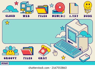 Nostalgia desktop window with copy space.Frame with old computer aesthetic illustration, retrowave style pc. Colorful user interface. Editable template with isolated icons.