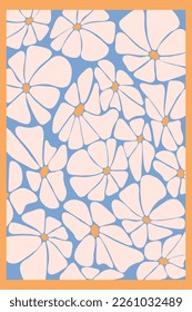 nostalgia floral poster with daisy flowers. Retro groovy pattern with hand drawn white chamomile flowers on blue background. Vector Illustration. Aesthetic modern art. Hippie 60s, 70s, 80s style