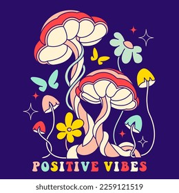 Nostalgische Groovy-Grafik, quadratisches 70er-Plakat oder Vintage-Druck mit Hippie-Pilzen und inspirierendem Slogan "Positive Vibes". Retro Fun Hippy Art mit Pilzen, blühenden Blumen