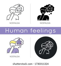 Nostalgia icon. Positive mood. Man feeling sentimental. Person reflecting on past times. Remember with smile. Emotional intelligence. Linear black and RGB color styles. Isolated vector illustrations