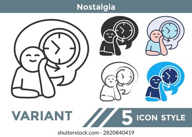 Nostalgia icon representing cherished memories, reflection, emotional connection, past experiences, and sentiment. Line, Filled, Color, Hand drawn style.