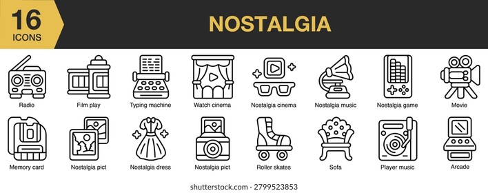 Nostalgia icon set. Includes vintage objects, memories, retro devices, old photographs and More. Outline icons vector collection.