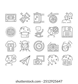 Nostalgia And Memory Collection Icons Set Vector. Retro Music Cassette And Photo Camera Roll, Computer Diskette And Sandglass Black Contour Illustrations