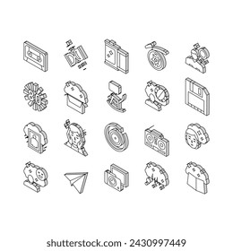 Nostalgia And Memory Collection isometric icons set. Retro Music Cassette And Photo Camera Roll, Computer Diskette And Sandglass Concept Linear Pictograms. Color Contour .