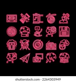 Nostalgia And Memory neon light sign vector. Retro Music Cassette And Photo Camera Roll, Computer Diskette And Sandglass Illustrations