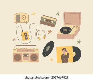 Nostalgia musical equipment, cassette tape and vinyl disc, radio and recorder.