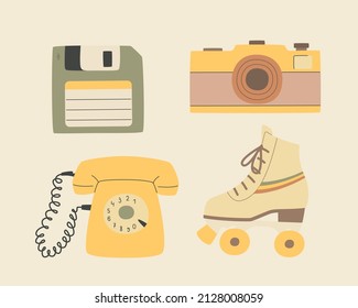 Nostalgia musical equipment, cassette tape and vinyl disc, radio and vinyl record player.