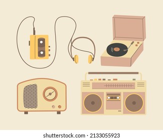 Nostalgia musical equipment, cassette tape and player, radio and vinyl record player.