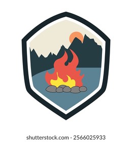 nostalgia retro bonfire badge cartoon. outdoors scout, adventure classic, embroidery heritage nostalgia retro bonfire badge sign. isolated symbol vector illustration