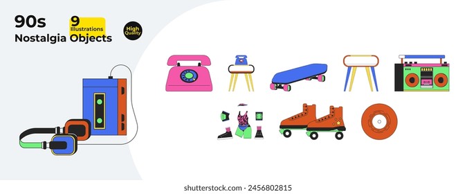 Nostalgia retro revival 2D linear cartoon objects bundle. Boombox, cassette headphones, vinyl record, old telephone isolated vector items. Sport equipment color flat spot illustration collection