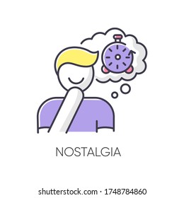 Nostalgia RGB color icon. Positive mood. Man feeling sentimental. Person reflecting on past times. Memory trigger. Remember with smile. Emotional intelligence. Isolated vector illustration