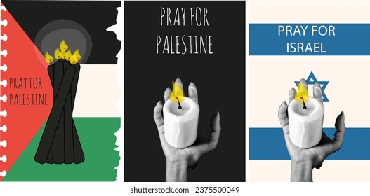Nostalgia set Palestina Israel banner with Halftone hand and vintage Torn background. Pray for Palestina, Gaza, Israel Collage of Retro poster for Social Media. Vector illustration.