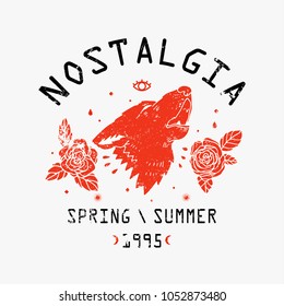 Nostalgia spring summer 1995 slogan. Rose with wolf head.Rock and roll patch. Typography graphic print, fashion drawing for t-shirts .Vector stickers,print, patches vintage