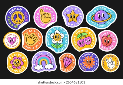 Nostalgie Sticker Set mit lustigen Textzitaten. Retro y2k groovy 90er Jahre inspiriert Gänseblümchen, Herz, Planet, Stern, Regenbogen, Kirsche, Hand, Kristall Illustrationen. EPS 10 Vektordesign.