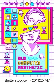 Nostalgia user interface with mythology acid ancient sculpture among windows boxes, desktop pc elements. Old computer aesthetic,  acid colors. Illustration in 90's style.