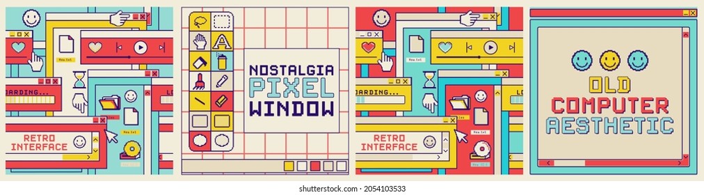 Nostalgia user interface template for square social media post, seamless patterns, frame for slogan.Old computer pixel window with window boxes and folders. Sticker pack of retro computer elements.