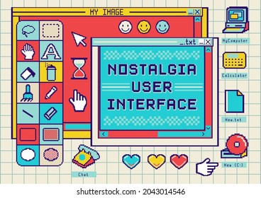 Nostalgia user interface with window box and folders. Retro desktop pc elements.Old computer aesthetic illustration in retrowave style. Nostalgia for 80's -90's.