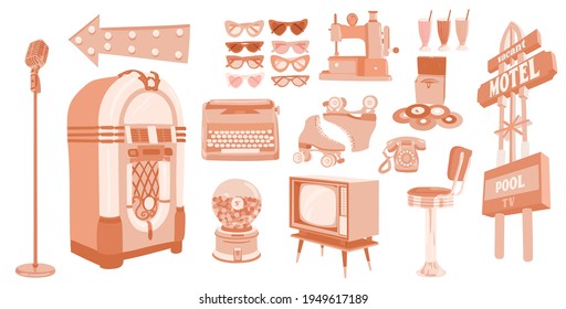 Nostalgic 1950th objects set. Retro typewriter, vintage jukebox, bubble gum machine, rollers, milkshakes, bar chair, retro telephone, sewing machine, sunglasses, vinyl box, microphone, motel sign, gun