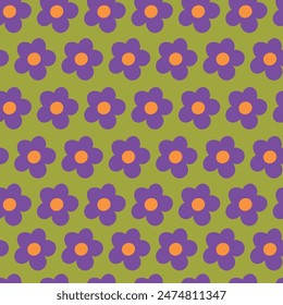 Nostalgic 60s and 70s retro background. Groovy flower power seamless pattern. Vintage hippie vector floral all over surface print. Ditsy grid wallpaper