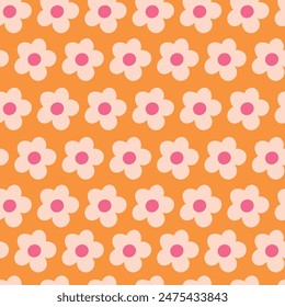 Nostalgic 60s and 70s retro background. Groovy flower power seamless pattern. Vintage hippie vector floral all over surface print. Ditsy grid wallpaper