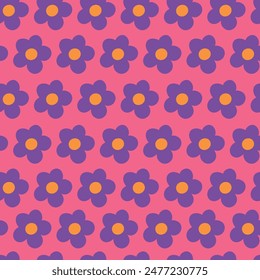 Nostalgic 60s and 70s retro background. Groovy flower power seamless pattern. Vintage hippie vector floral all over surface print. Ditsy grid wallpaper